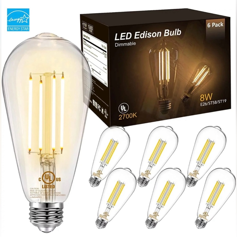 DAYBETTER Dimmable ST58 LED Edison Bulbs, 60W, E26 Base, 2700K, 6 Pack - NWT